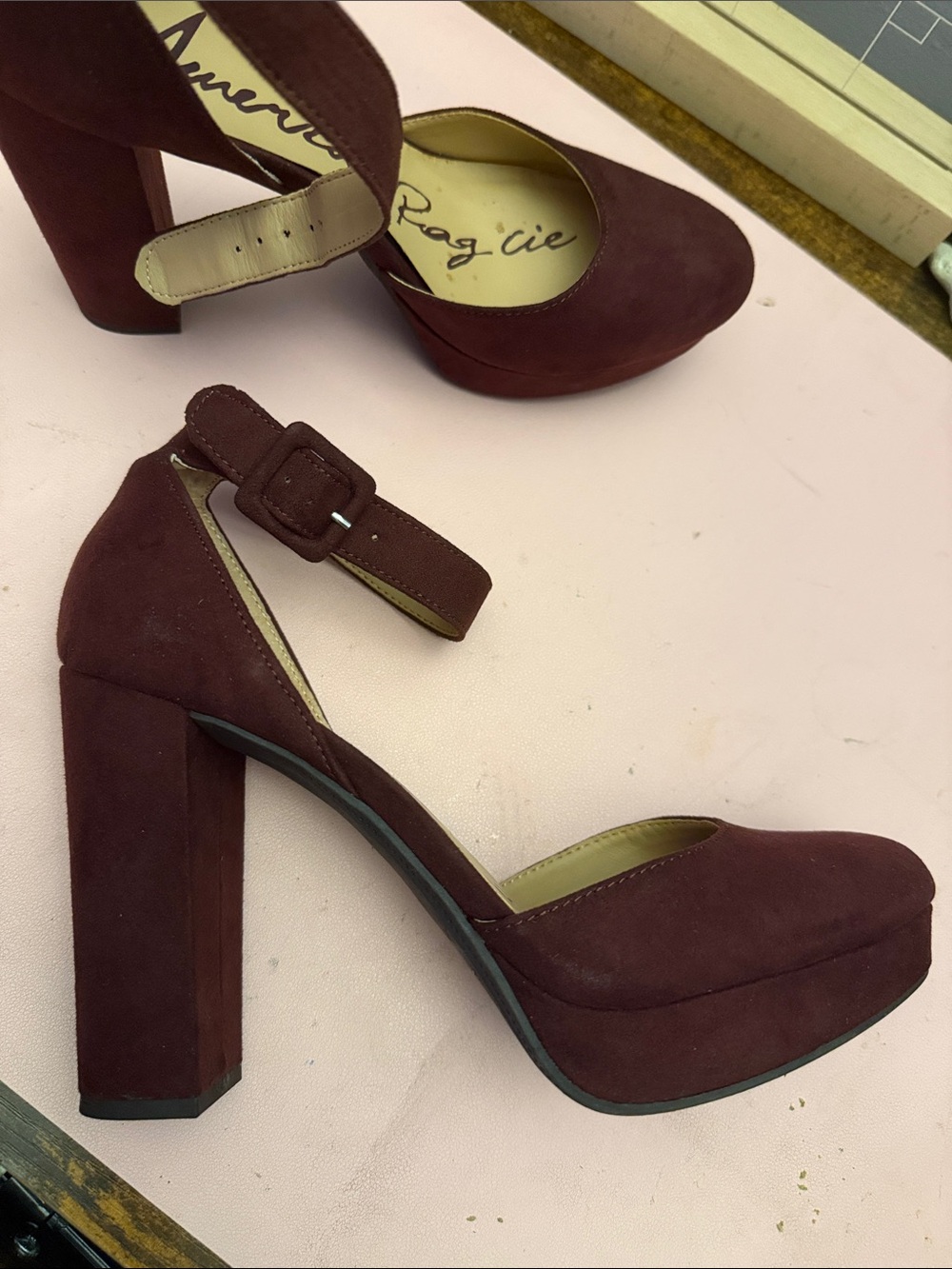 American Rag Burgundy Suede Ankle-Strap Heels